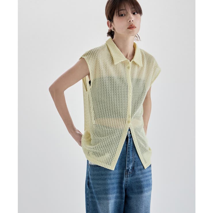 イエロー | etoll エトル フレンチスリーブポロ襟メッシュニット | Fashion Letter