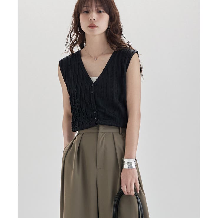 ブラック | etoll エトル フリルストライプVネックトップス | Fashion Letter