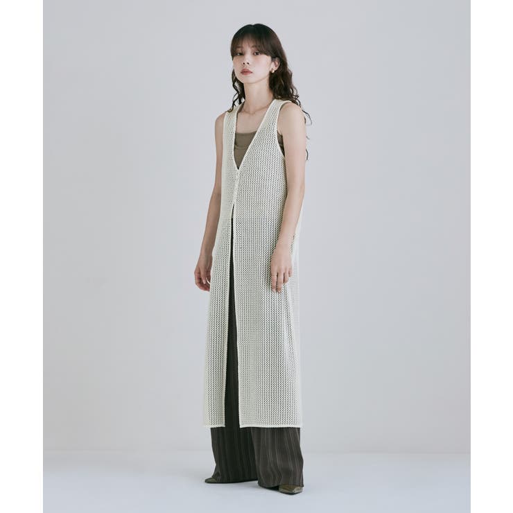 アイボリー | etoll エトル メッシュレースVネックロングジレ | Fashion Letter
