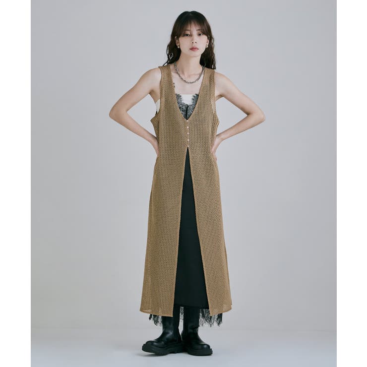 モカ | etoll エトル メッシュレースVネックロングジレ | Fashion Letter