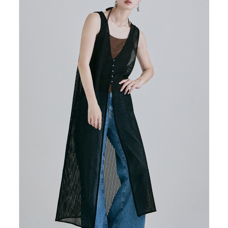 ブラック | etoll エトル メッシュレースVネックロングジレ | Fashion Letter