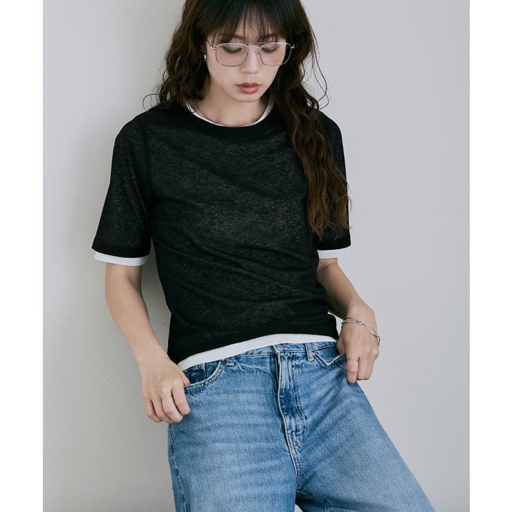 ブラック | etoll エトル 2ピースリブシアーレイヤードトップス | Fashion Letter