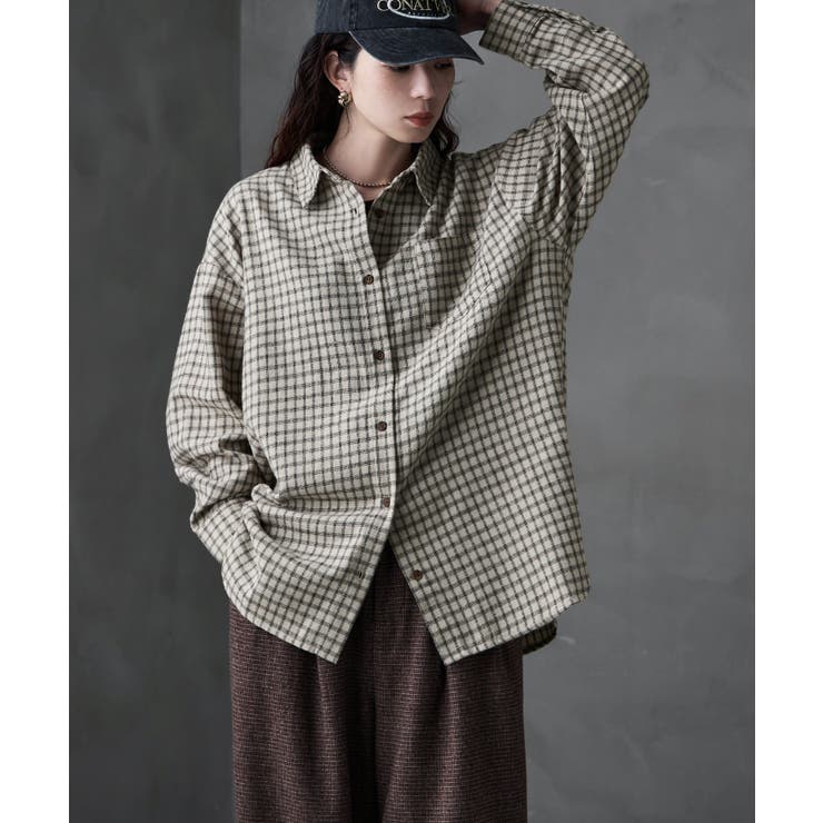 ベージュ | etoll エトル ウィンドウペンコットンチェックシャツ | Fashion Letter