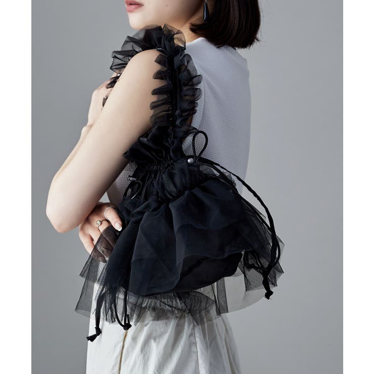 ブラック | etoll エトル オーガンジー×チュールフリルショルダーバッグ | Fashion Letter