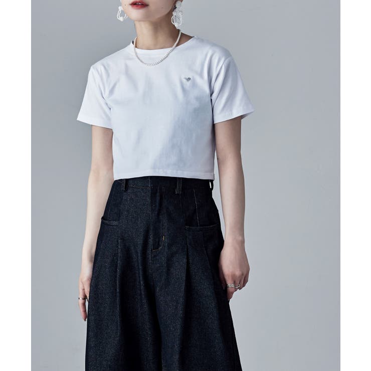 オフホワイト×シルバー | etoll エトル ハート箔プリントクロップドTシャツ | Fashion Letter