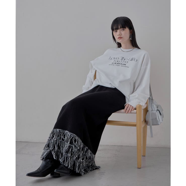 ブラック | etoll エトル フリンジニットタイトスカート | Fashion Letter