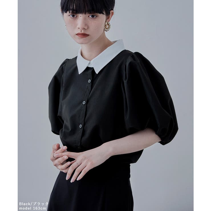 【試着のみ・美品】BRILL ポエットスリーブカットソー ブラック ボリュームスリーブがポイントのダブルジャカードブラウス