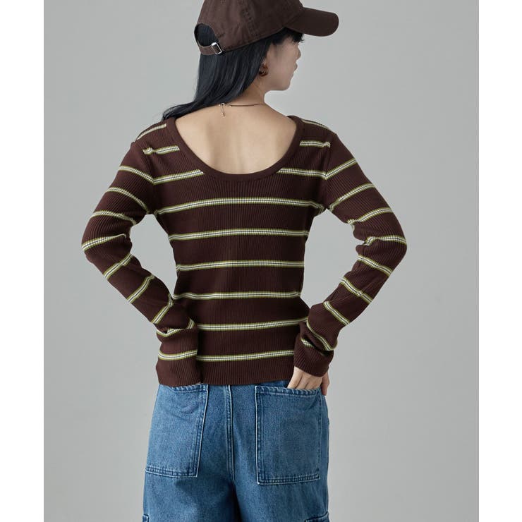 ブラウン | etoll エトル 2wayボーダーバックオープンリブニット | Fashion Letter