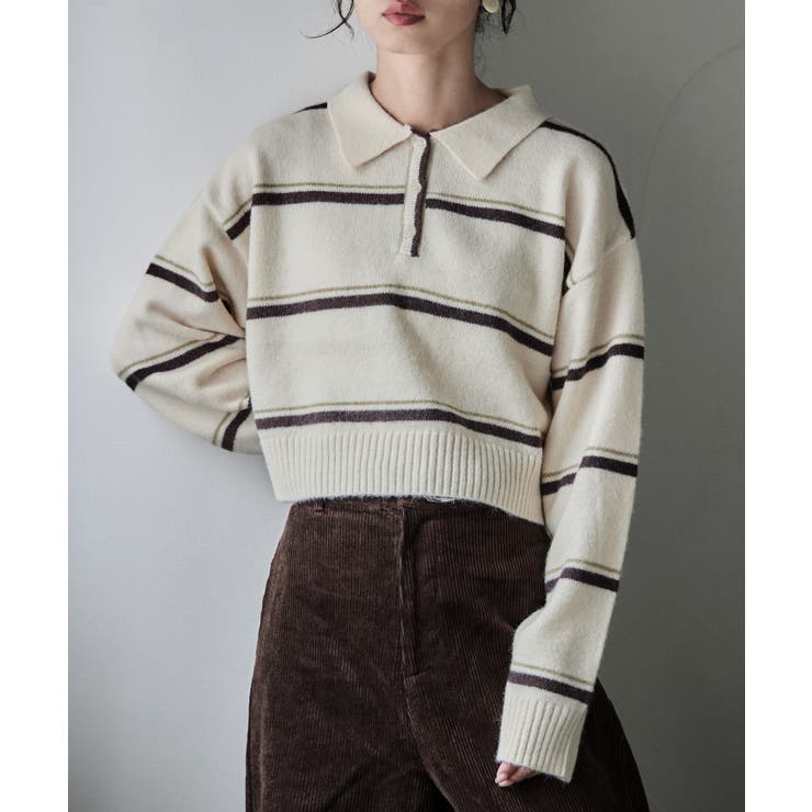 アイボリー | etoll エトル マルチボーダーポロ襟ニット | Fashion Letter