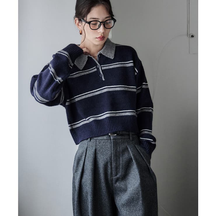 ネイビー | etoll エトル マルチボーダーポロ襟ニット | Fashion Letter