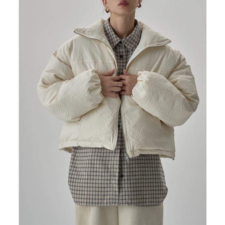 アイボリー | etoll エトル チェック柄リップルショートパフブルゾン | Fashion Letter