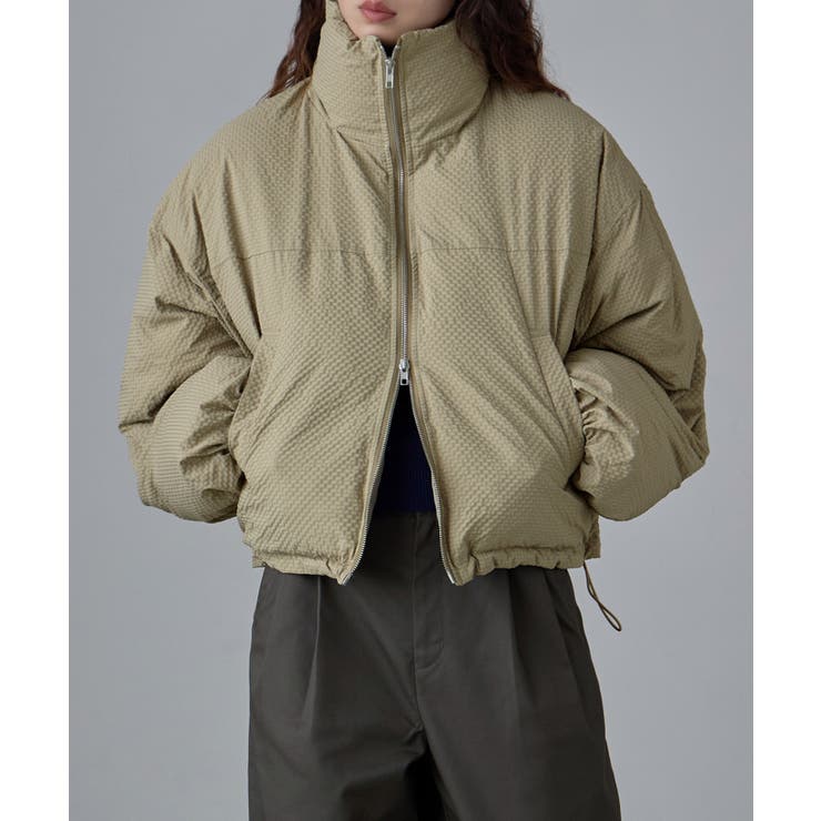 ベージュ | etoll エトル チェック柄リップルショートパフブルゾン | Fashion Letter