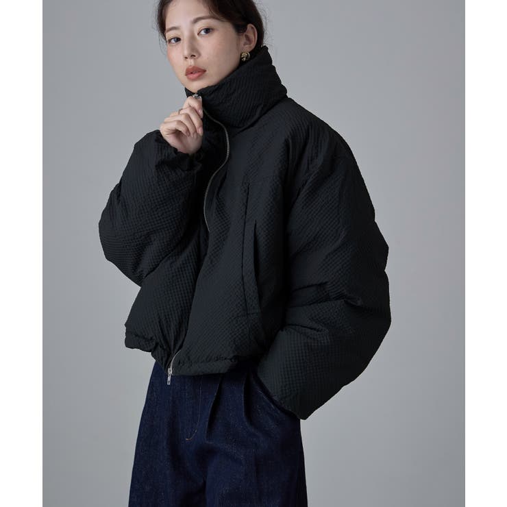 ブラック | etoll エトル チェック柄リップルショートパフブルゾン | Fashion Letter