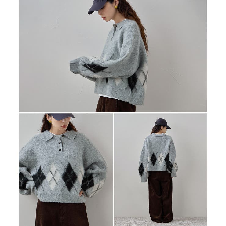 etoll エトル アーガイルポロ襟ニット | Fashion Letter | 詳細画像3 