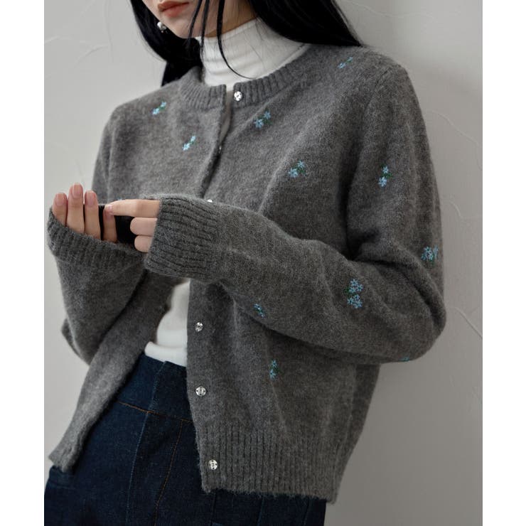 チャコール | etoll エトル 小花柄刺繍ニットカーディガン | Fashion Letter