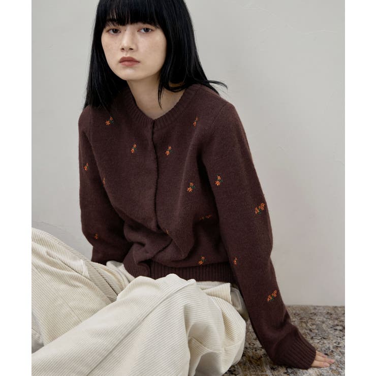 ブラウン | etoll エトル 小花柄刺繍ニットカーディガン | Fashion Letter