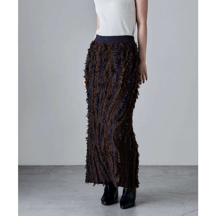 ネイビー | etoll エトル Mixフリンジニットタイトスカート | Fashion Letter