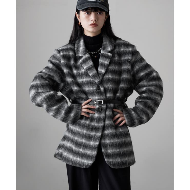 ブラック | etoll エトル チェックシャギーウエストマークテーラードジャケット | Fashion Letter