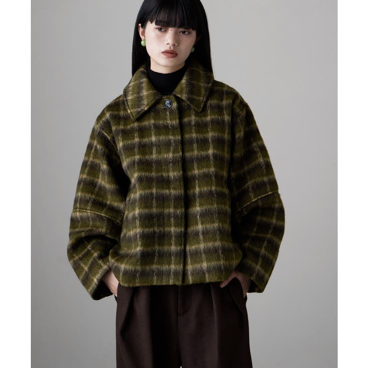 カーキ | etoll エトル チェックシャギーコクーンスリーブジャケット | Fashion Letter