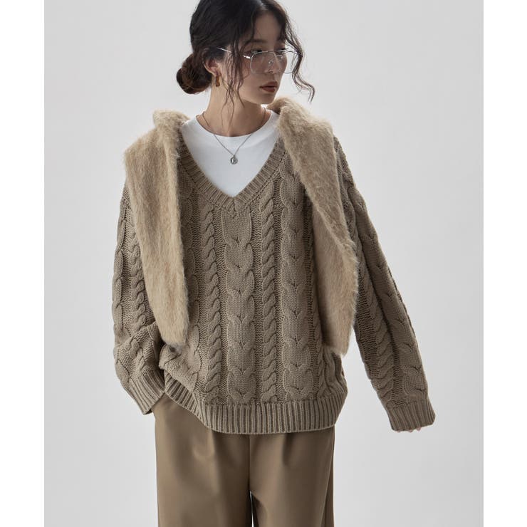 etoll エトル ケーブル編みVネックニット[品番：FT000010856]｜Fashion