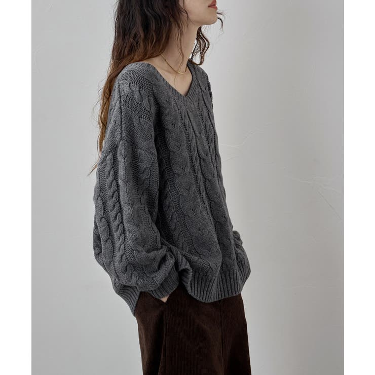 チャコール | etoll エトル ケーブル編みVネックニット | Fashion Letter