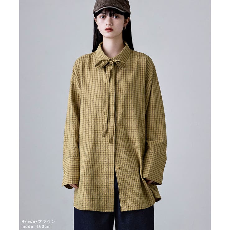 etoll エトル チェック柄ボウタイ付きオーバーシャツ | Fashion Letter | 詳細画像2 
