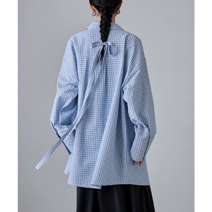 ブルー | etoll エトル チェック柄ボウタイ付きオーバーシャツ | Fashion Letter