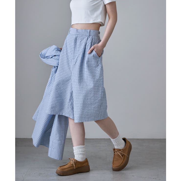 ブルー | etoll エトル チェック柄タックハーフパンツ | Fashion Letter