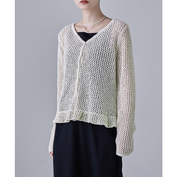 etoll エトル ミックスメッシュフリルヘムVネックカーディガン | Fashion Letter | 詳細画像8 