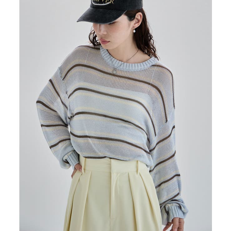 ブルー | etoll エトル ボーダーメッシュニットプルオーバー | Fashion Letter