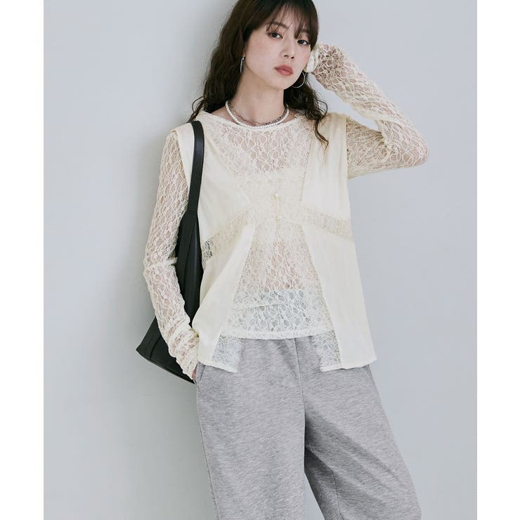 etoll エトル アイラッシュレースVネックサテントップス | Fashion Letter | 詳細画像12 