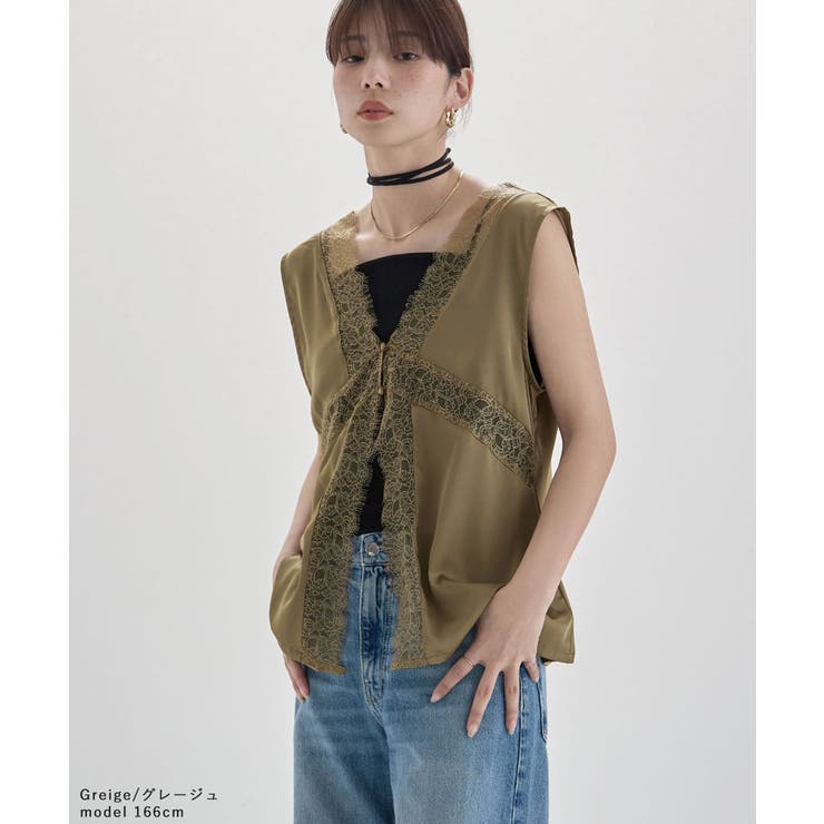 etoll エトル アイラッシュレースVネックサテントップス | Fashion Letter | 詳細画像13 