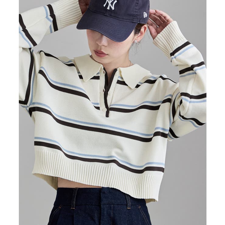 アイボリー | etoll エトル マルチボーダーショートポロニット | Fashion Letter