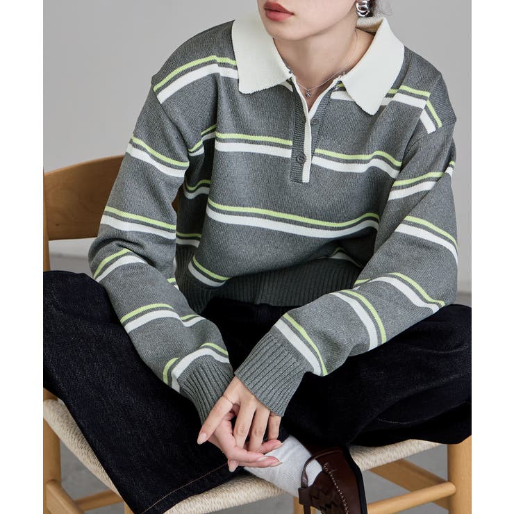 グレー | etoll エトル マルチボーダーショートポロニット | Fashion Letter