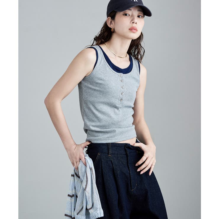 杢グレー | etoll エトル レイヤード風配色カップインタンクトップ | Fashion Letter