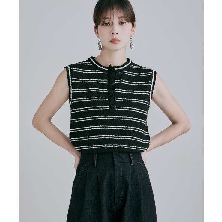 ブラック | etoll エトル ブークレボーダーヘンリーネックトップス | Fashion Letter