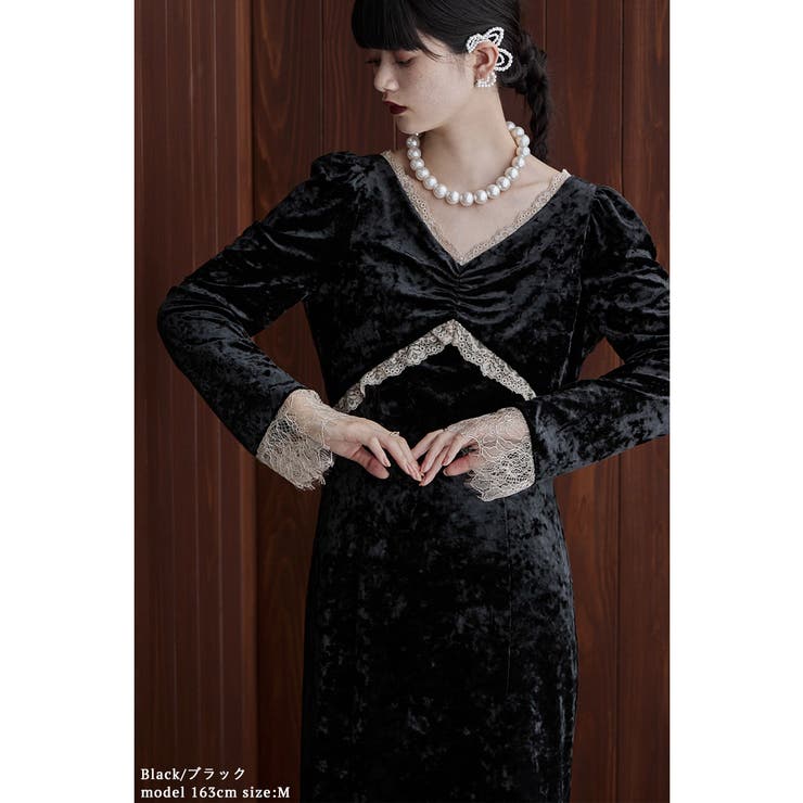 etoll エトル クラッシュベロアランジェリー風ドレス[品番