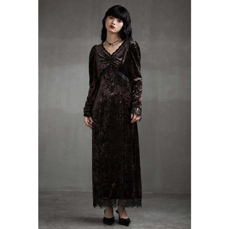 etoll エトル クラッシュベロアランジェリー風ドレス[品番