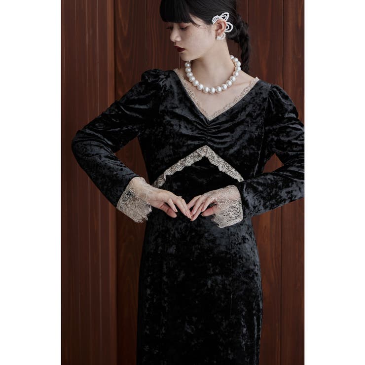 etoll エトル クラッシュベロアランジェリー風ドレス[品番