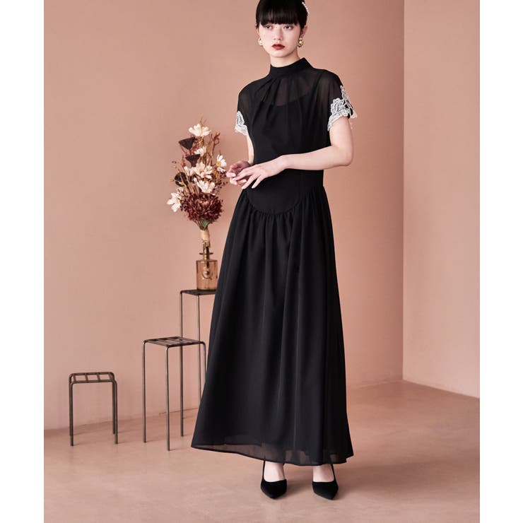 ブラック | etoll エトル ドロップウエストスリーブレースドレス | Fashion Letter