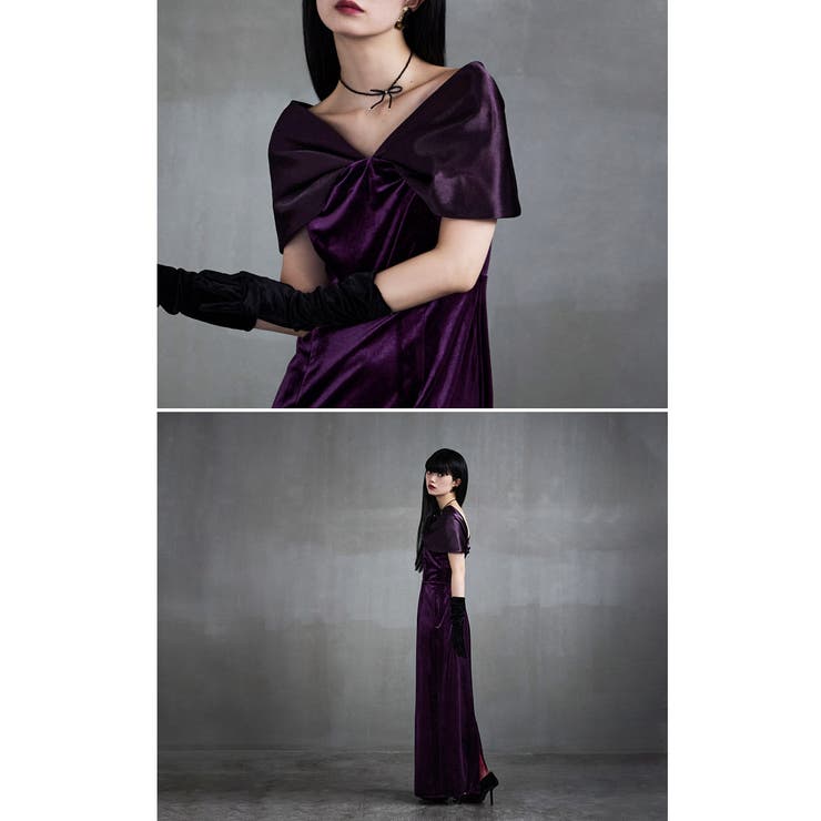 etoll エトル サテンリボンスリーブベロアドレス[品番：FT000010790