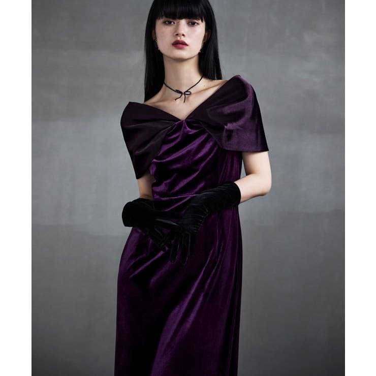 etoll エトル サテンリボンスリーブベロアドレス[品番：FT000010790