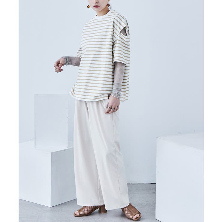 ボーダー カットアウト ビッグ5分袖Tシャツ | Fashion Letter | 詳細画像4 