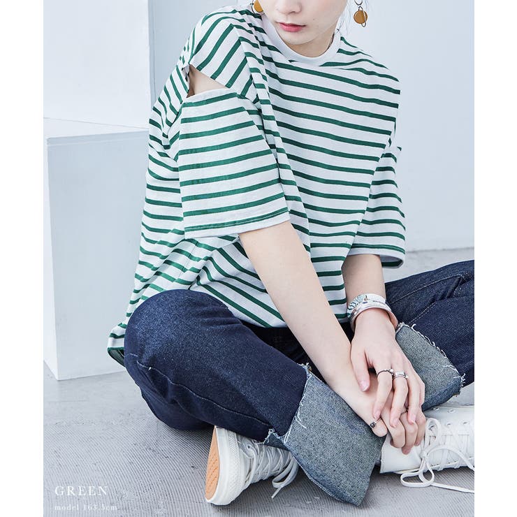 ボーダー カットアウト ビッグ5分袖Tシャツ | Fashion Letter | 詳細画像8 