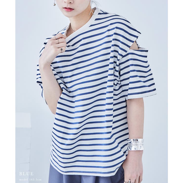 ボーダー カットアウト ビッグ5分袖Tシャツ | Fashion Letter | 詳細画像11 