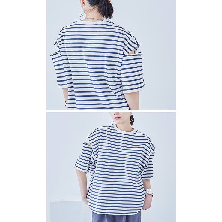 ボーダー カットアウト ビッグ5分袖Tシャツ | Fashion Letter | 詳細画像12 