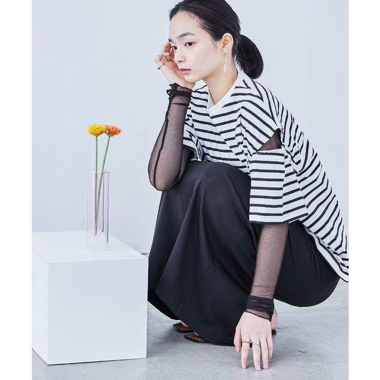 ボーダー カットアウト ビッグ5分袖Tシャツ | Fashion Letter | 詳細画像15 