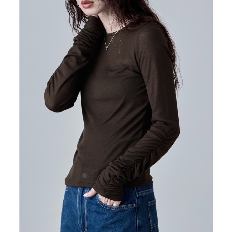 ブラウン | etoll エトル フラッフィーシアーシャーリングスリーブトップス | Fashion Letter