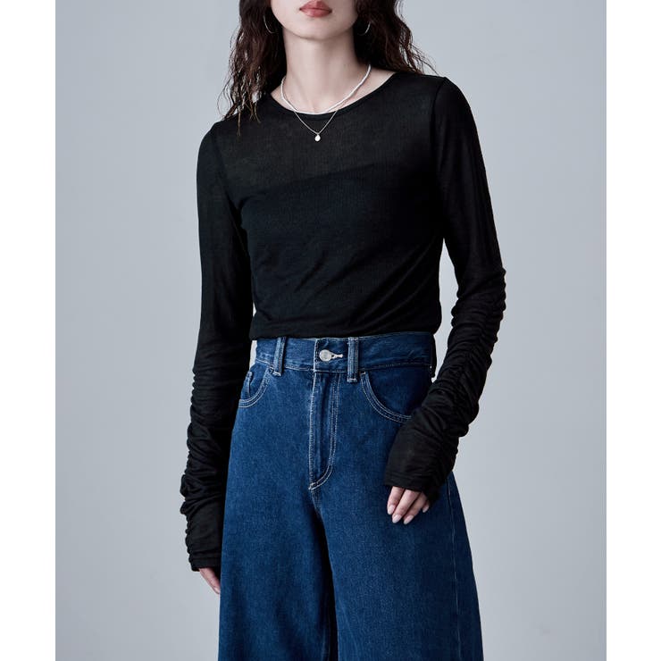 ブラック | etoll エトル フラッフィーシアーシャーリングスリーブトップス | Fashion Letter