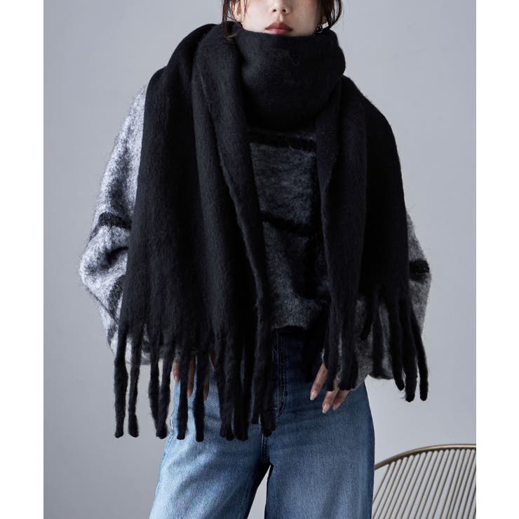 ブラック | etoll エトル フリンジシャギーボリュームマフラー | Fashion Letter
